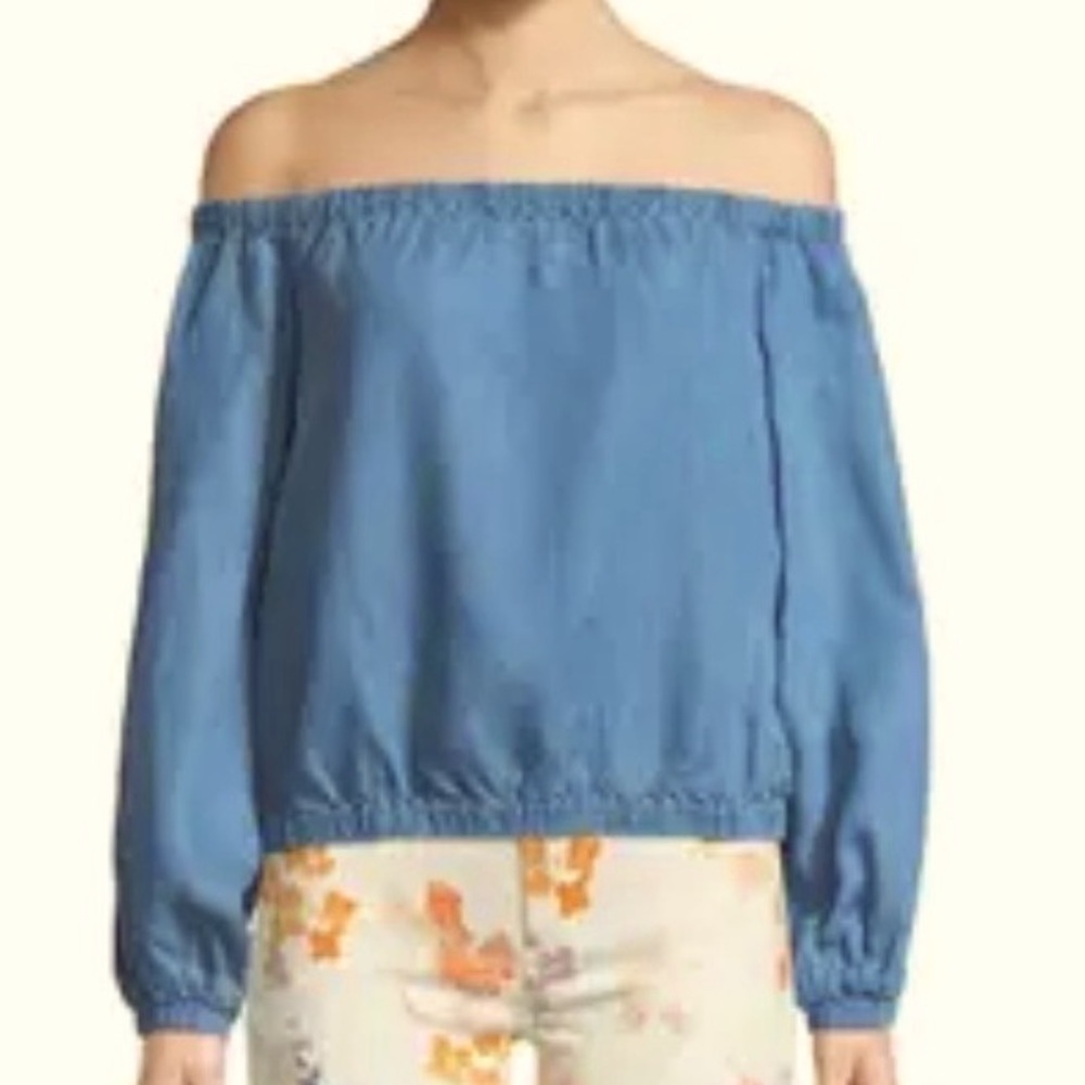 NWT 7 For All Mankind Chambray/Denim Off-Shoulder Women's Top, Long Sleeve, XS